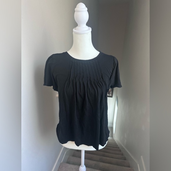 Loft Black Round Neck Flutter Sleeve Cotton Blend Top Small - Picture 5 of 5